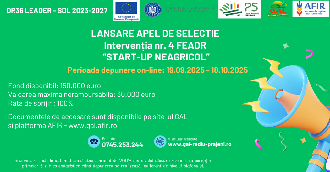 Lansare apel de selecție nr. 806/815/1/2/2025 – Intervenția nr. 4 START-UP NEAGRICOL Lansare apel de selecție nr. 806/815/1/2/2025 – Intervenția nr. 4 START-UP NEAGRICOL