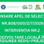 Lansare apel de selecție nr. 808/000/2/7/2025 - Intervenția nr. 2 - DEZVOLTARE LOCALA IN REGIUNEA REDIU-PRAJENI